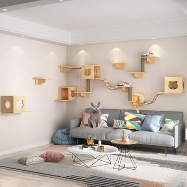 Imagem de Prateleiras de parede para gatos – Prateleiras para gatos, conjunto de móveis de parede para gatos com poleiros e degraus, espessura da placa de madeira de 1,5 cm para condomínios internos para gatos,