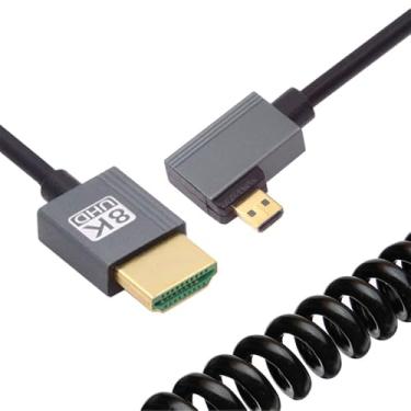 Imagem de NFHK Cabo micro HDMI 2.1 macho para HDMI macho 8K 60hz cabo enrolado esticável ângulo esquerdo 90 graus para câmera HDTV laptop monitor