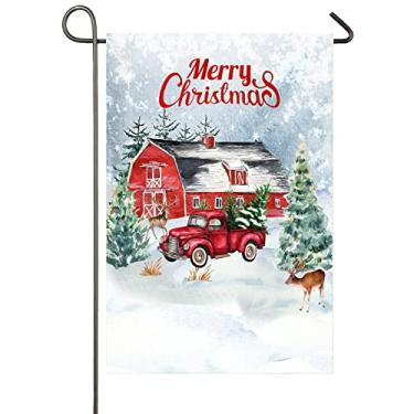 Imagem de Feliz Natal bandeira de jardim caminhão vermelho celeiro fazenda 30,5 x 45,7 cm dupla face inverno neve captador vintage árvore de natal veado alce casa quintal bandeira rústica fazenda decoração