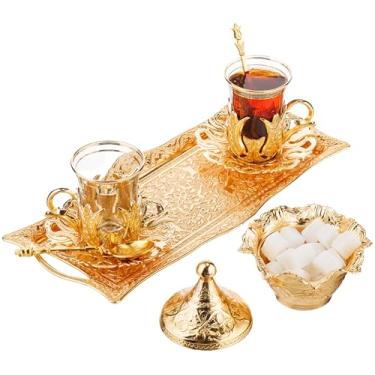 Imagem de DEMMEX - Outono de 2024 - Conjunto de servir chá e café turco para 2, 2 copos, suportes de vidro de metal, pires, colheres, açucareiro com Lİd e bandeja, gravado, capacidade de 9 ml, 30,5 x 12,7 cm