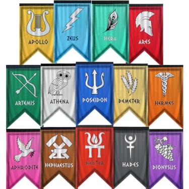 Imagem de Bandeiras de deuses gregos, 14 peças de faixas de cabine Percy Jackson, faixa de festa Htabiol Greek Mythology, bandeiras de cabine Percy Jackson, adequada para festa Percy Jackson, festa de