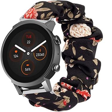 Imagem de Lamshaw Compatível com pulseira Ticwatch E3, pulseiras de substituição fofas femininas elásticas elásticas de tecido compatíveis com relógio inteligente Ticwatch E3 (flor preta)