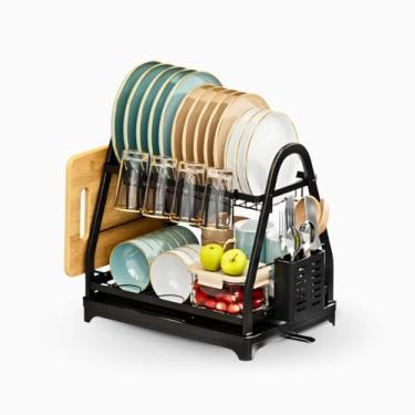 Imagem de Escorredor de Louça Inox 2 Andares com Suporte para Talheres – Preto – Organizador Compacto para Cozinha