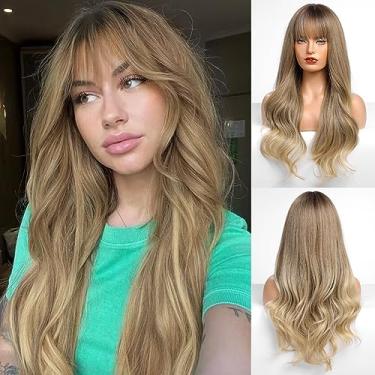 Imagem de HAIRCUBE Peruca Marrom Para Loira Com Franja Para Mulheres, Peruca De Cabelo Longo Ondulado Marrom E Loiro, Peruca Sintética Ondulada E Cacheada Para Meninas, Uso Diário Em Festas