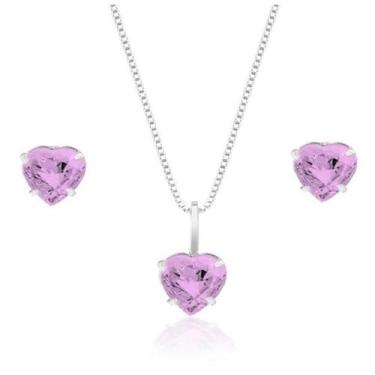 Imagem de Colar Brinco Infantil Coração Zirconia Prata 925 rosa - La & Ny Pratas
