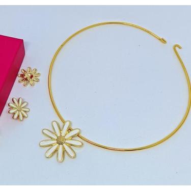 Imagem de Kit Colar Choker Par de Brincos Aro Liso Rigido pingente Flor margarid