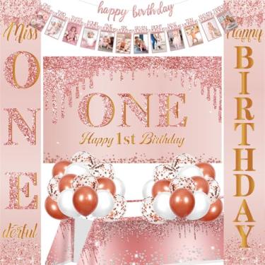 Imagem de Decorações de 1º aniversário em ouro rosa para meninas 22 peças faixa rosa Miss Onederful Happy Birthday Door Banner com pano de fundo foto banner balões toalha de mesa para chá de bebê suprimentos de