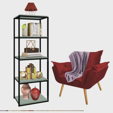 Imagem de Kit Poltrona Fatte com Manta Soft Lilás e Estante Livreiro Ferro Preto mdf Verde Oliva Suede Vermelho - Ahazzo Móveis