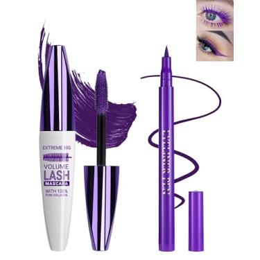 Imagem de Rímel e delineador roxo à prova d'água, extensão de cílios de fibra de seda 5D, tubo colorido, volume e comprimento, máscara colorida volumizante à prova de manchas de longa duração e conjunto de