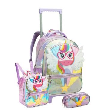Imagem de Kit Mochila Rodinha 16" Unicórnio Lancheira Térmica Estojo - Denlex, R