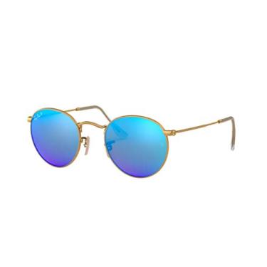 Imagem de Ray-Ban RB3447 Óculos de sol unissex espelhados de metal redondo (armação dourada fosco/lente polarizada azul espelhada 112/4L, 50), Armação dourada fosco/lente polarizada azul espelhada 112/4l,