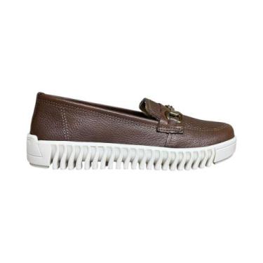 Imagem de Tenis feminino pegada slip on em couro detalhe fivela, Cafe, 36