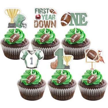 Imagem de JOYMEMO 36 Pcs First Year Down Cupcake Toppers - Football 1st Birthday Party Decorations, Double Sided Football Birthday Cake Decor for Sports Party