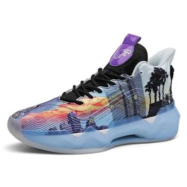 Imagem de Tênis de basquete fluorescentes unissex, super leves, cano alto, estilo grafite, botas de combate, basquete(Blue2,38 BR)