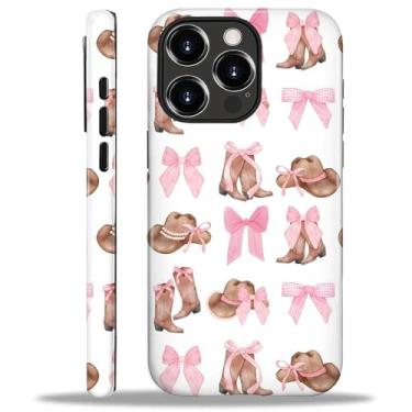 Imagem de Capa compatível com iPhone 16 Pro, capa rígida híbrida de policarbonato de 2 camadas + capa protetora de silicone, chapéus e botas de cowboy com laços rosa resistente a arranhões à prova de choque
