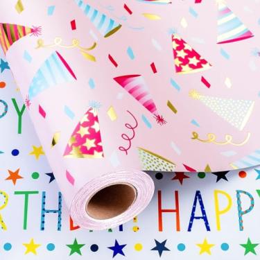 Imagem de Burymento Papel de embrulho de chapéu de aniversário, design reversível de feliz aniversário, embrulho de presente para chá de bebê, dia dos namorados, dia das mães, formatura, casamento, dia dos