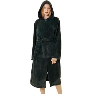 Imagem de Roupões de banho de lã coral com capuz, pijamas longos de flanela, vestidos femininos de inverno, ternos de spa com zíper bidirecional, cinza-M