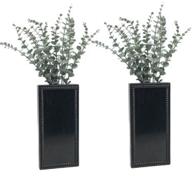 Imagem de Conjunto de 2 vasos de parede de madeira, decoração de parede de fazenda, vaso de bolso para vegetação e flores secas, vaso de madeira rústico para uso interno (preto)