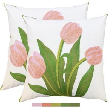 Imagem de IcosaMro Pacote com 2 capas de almofada decorativas florais bordadas de verão 45,7 x 45,7 cm sazonal rosa tulipas bordadas para sofá ao ar livre, sofá, quarto, sala de estar, capas de almofada de