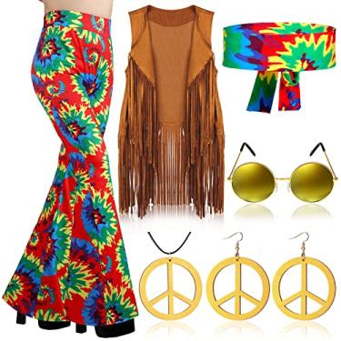 Imagem de Haull Conjunto de 7 peças de roupas femininas hippie discoteca dos anos 60, 70, conjunto de fantasia de Halloween, calça rodada, colete com franja, sinal de paz, Multicor, Small