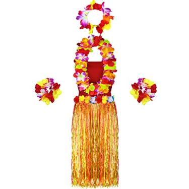 Imagem de 6 Pcs Hawaiian Woman Costume Include Hula Skirt Crop Top Hawaiian Flower Leis Necklace Bracelet for Halloween Women Cosplay (Red, Bright Flowers, X-Large)
