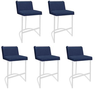 Imagem de Kit 05 Banquetas Com Encosto Confort Bistrô Cozinha Ferro Branco Linho Azul Marinho Amey Decor