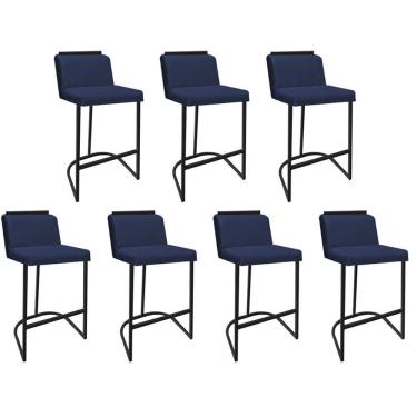 Imagem de Kit 07 Banquetas Com Encosto Confort Bistrô Cozinha Ferro Preto Suede Azul Marinho Amey Decor