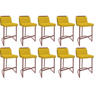Imagem de Kit 10 Banquetas Com Encosto Confort Bistrô Cozinha Ferro Bronze Suede Amarelo Amey Decor