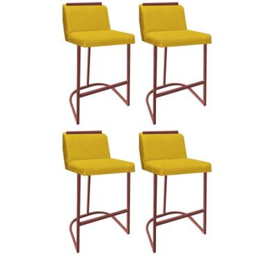 Imagem de Kit 04 Banquetas Com Encosto Confort Bistrô Cozinha Ferro Bronze Suede Amarelo Amey Decor