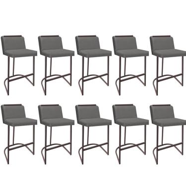 Imagem de Kit 10 Banquetas Com Encosto Confort Bistrô Cozinha Ferro Marrom Sintético Cinza Amey Decor