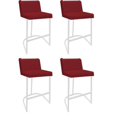 Imagem de Kit 04 Banquetas Com Encosto Confort Bistrô Cozinha Ferro Branco Suede Vermelho Amey Decor