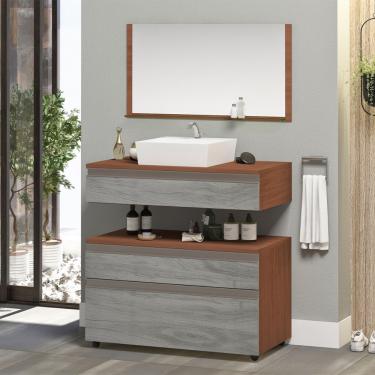 Imagem de Gabinete Banheiro Superior E Inferior Com Rodízios 3 Gavetas 60cm Safira - Cinza Rovere - Cinza
