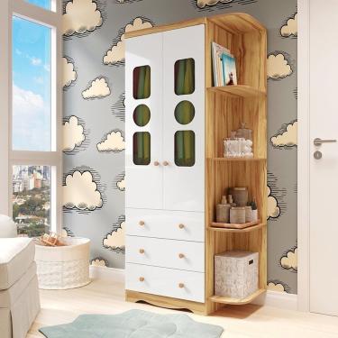 Imagem de Guarda-roupa Infantil 85,9cm 2 Portas 3 Gavetas Com Janelas E Prateleira Ezra 100% Mdf Espresso Móveis Branco-amêndoa