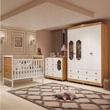 Imagem de Quarto De Bebê Com Guarda-roupa Cômoda E Berço 100% Mdf Maya Provençal Espresso Móveis Branco Brilho-amêndoa