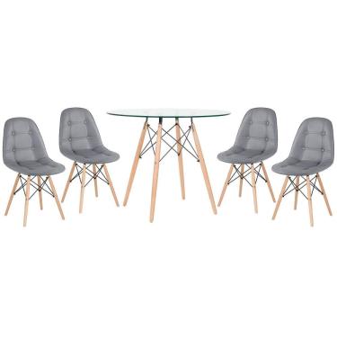 Imagem de Kit - Mesa De Vidro Eames 90 Cm + 4 Cadeiras Eames Botonê Cinza Escuro Cadeiras Cinza Escuro