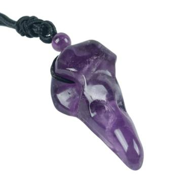 Imagem de Loveliome Colar com pingente de caveira de corvo esculpido à mão com cordão ajustável, Ametista, Sem Pedra Preciosa