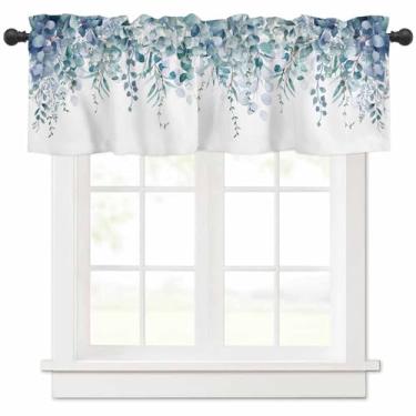 Imagem de Cortina de folhas de eucalipto azul sálvia para janelas, aquarela, plantas botânicas, fazenda, tratamentos de janela, 1 painel com bolso de haste, cortinas curtas para cozinha, janelas, banheiro