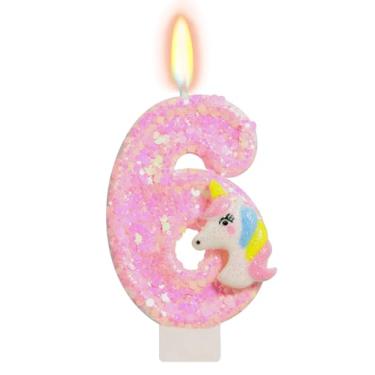 Imagem de FAMGift Velas de aniversário – vela número 6, decorações de 6º aniversário para meninas, velas de unicórnio rosa para topo de bolo, material de festa com tema de desenho animado