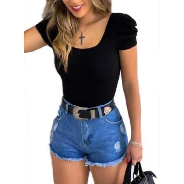 Imagem de body feminino com bojo manga curta malha canelada - Filó modas, Azul, 