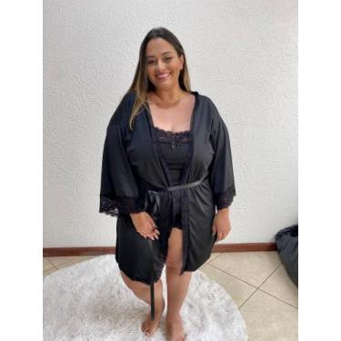 Imagem de Combo Lua de Mel Plus Size Baby Doll + Robe - VM Store, Preto, 48/50