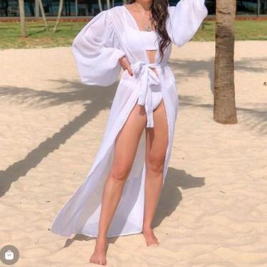 Imagem de Saída de praia manga longa bufante feminino moda blogueira - Filó Moda