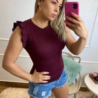 Imagem de Blusa com elastano feminino manga curta babado malha canelada - Filó M