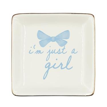 Imagem de WODMIS Bandeja de joias de cerâmica com laço azul Coquette, fita para bijuterias, anel, bugiganga, presentes estéticos e modernos para mulheres, melhor tia, presentes de amizade para melhores amigas