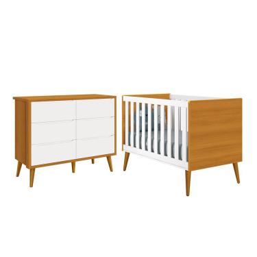 Imagem de Jogo de Quarto Infantil Theo Cômoda 6 Gavetas e Berço com Pés Amadeirado - Reller Móveis Branco/Savana