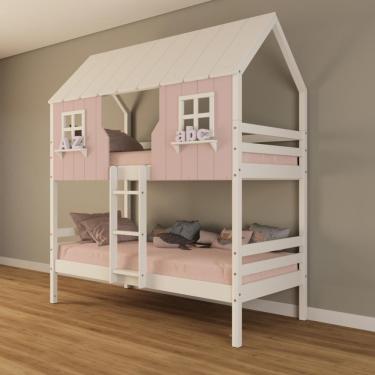 Imagem de Beliche Casinha Encantada Madeira Maciça Rosa/ Branco Housin
