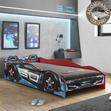 Imagem de Cama Infantil Carros Tornado Plus Preto Azul Pura Magia + Colchão Gazin