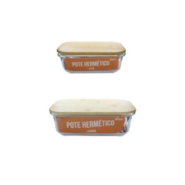 Imagem de Kit 2 Potes Vidro Retangular Tampa Bambu
