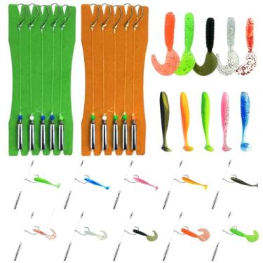 Imagem de Narcissus Kit de equipamento Drop Shot com iscas de plástico macio – 10 equipamentos pré-amarrados com ganchos e chumbadas malucos, 10 iscas incluídas – Iscas de natação e larvas para pesca de robalo