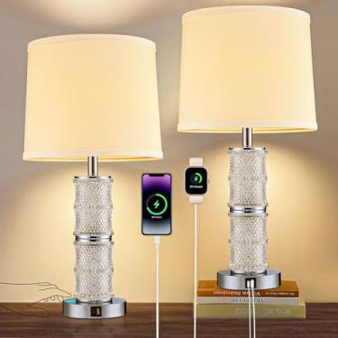 Imagem de GRUENLICH Conjunto De 2 Abajures Cabeceira Cristal Gruenlich, Luminária Cromada Com Controle Por Toque, Mesa Ajuste 3 Vias, Portas Carregamento Usb C+A Para Sala Estar E Mesas Laterais