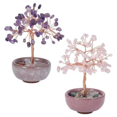 Imagem de OLYCRAFT 2 peças de decorações de árvore da vida com base de cerâmica, ametista e cristal de quartzo rosa, cristais feitos à mão, árvore de pedra preciosa Feng Shui, árvore de dinheiro para boa sorte